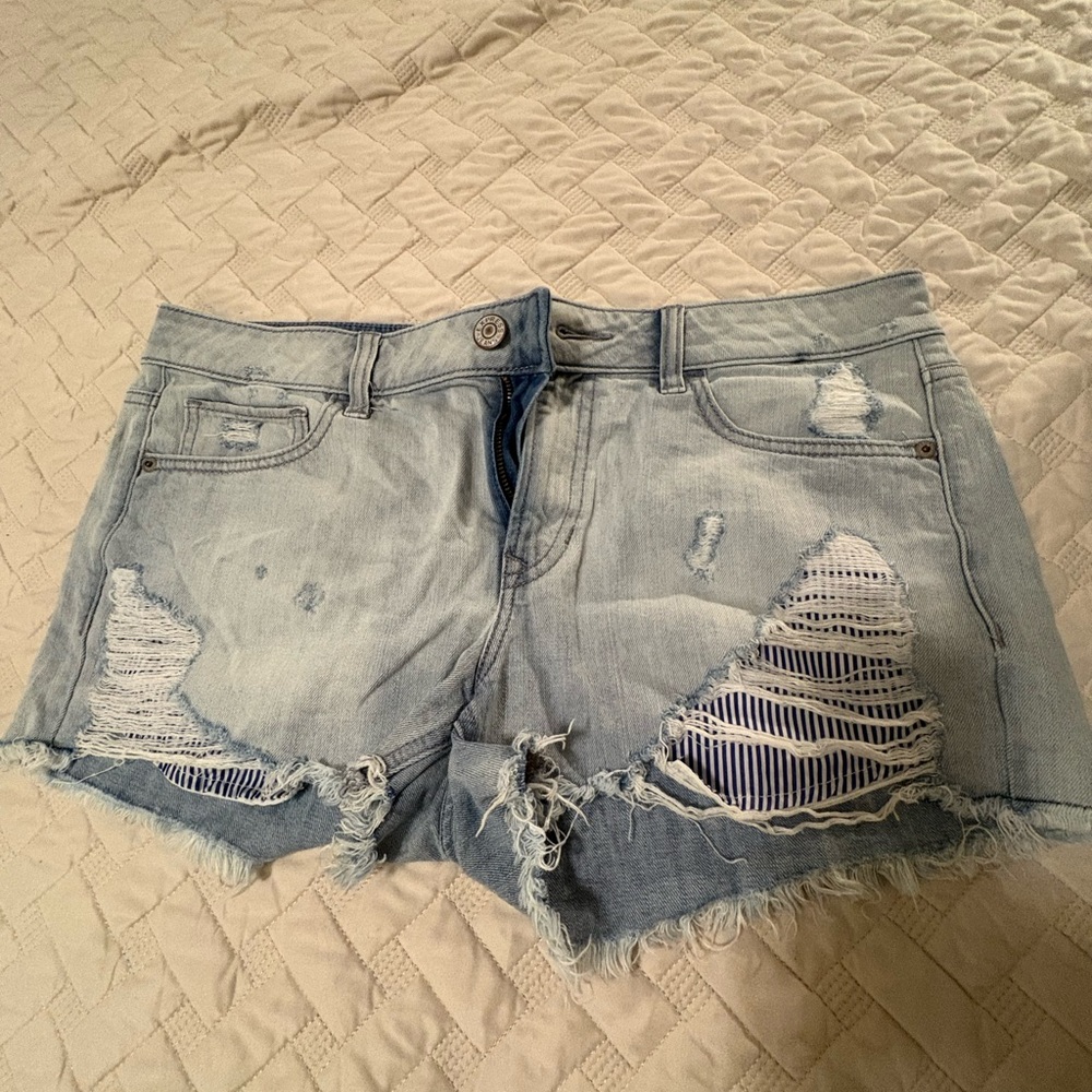 Express Distressed Light Blue Denim Shorts